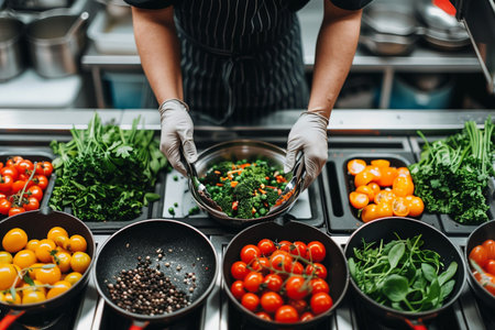 Cropped view of chef in gloves holding bowl with fresh vegetables in kitchenの素材