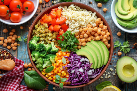 Healthy vegetarian lunch bowl with quinoa, chickpeas, avocado and vegetablesの素材