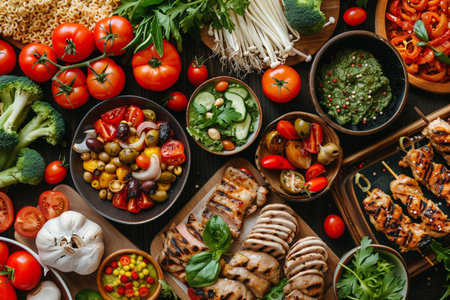Top view of grilled meat, vegetables and spices on wooden background.の素材
