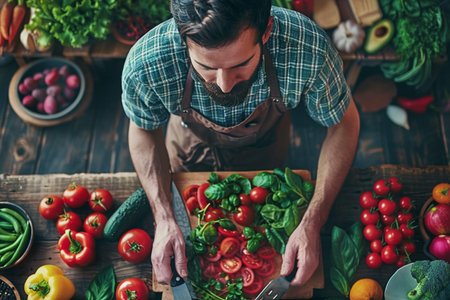 Top view of young man in apron cutting fresh vegetables on wooden table.の素材
