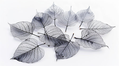 Dry leaves on a white background. Studio photography of dried leaves.の素材