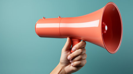 Female hand holding megaphone on light blue background, closeupの素材