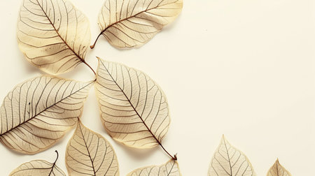 Dried leaves on white background. Flat lay, top view.の素材