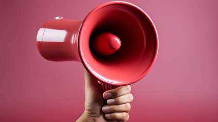 Close up of woman hand holding megaphone on pink background.の素材