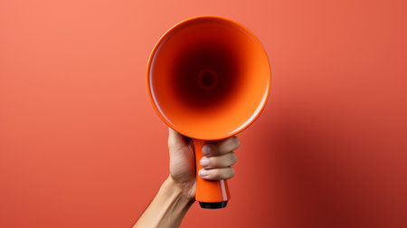 cropped shot of woman holding orange megaphone isolated on redの素材