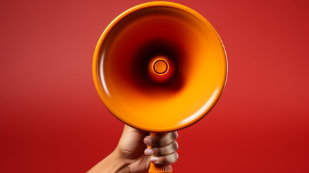 Male hand holding a megaphone on a red background with copy spaceの素材