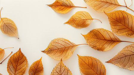 Autumn leaves on white background. Flat lay, top view.の素材