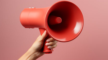 Female hand holding a red megaphone on a pink background.の素材