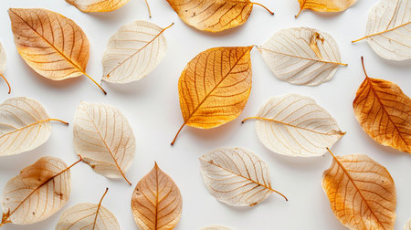 Autumn leaves on white background. Flat lay, top view.の素材