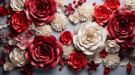 Beautiful red and white artificial flowers on grey background, top viewの素材