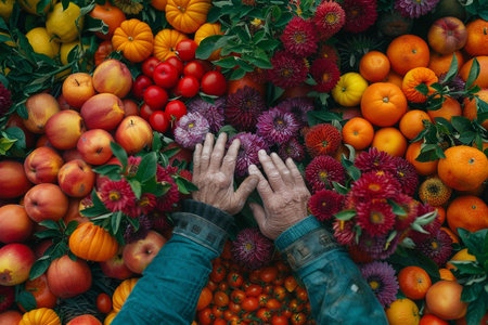 Top view of senior man's hand among autumn fruits and vegetables.の素材