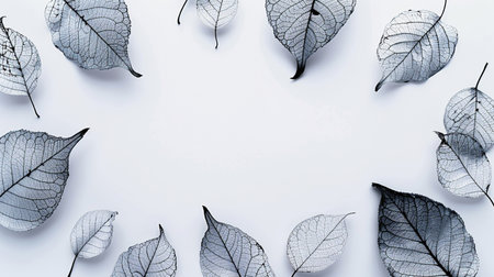 Flat lay composition with grey leaves on white background with copy spaceの素材