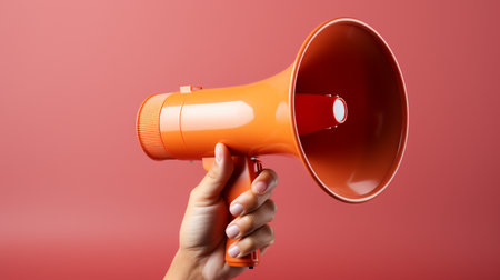 Female hand holding a megaphone on a red background with copy spaceの素材