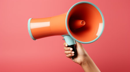 Woman holding megaphone on color background, closeup. Loudspeakerの素材