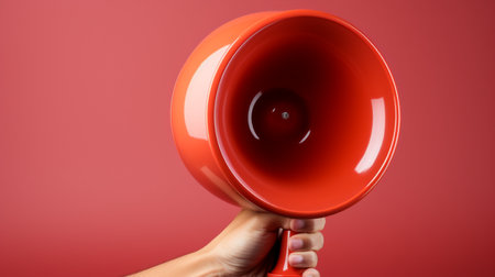 Female hand holding a red plastic frying pan on a red background.の素材