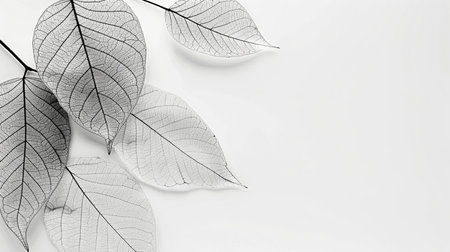 Black and white leaves on white background with copy space for text.の素材