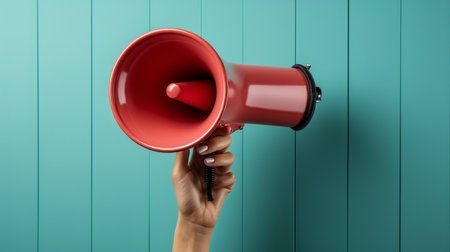 Hand holding megaphone on blue background. 3D rendering.の素材