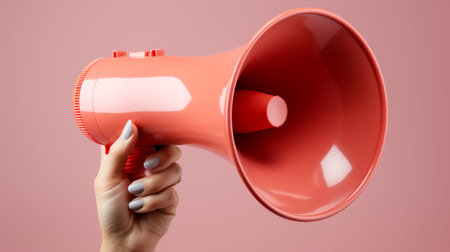 Female hand holding megaphone on pink background. 3d renderingの素材