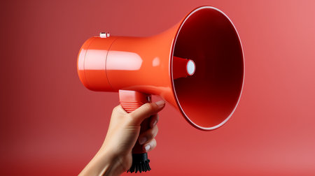 Female hand holding red megaphone on red background, closeupの素材