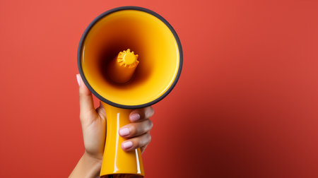 Female hand holding megaphone on a red background with copy spaceの素材