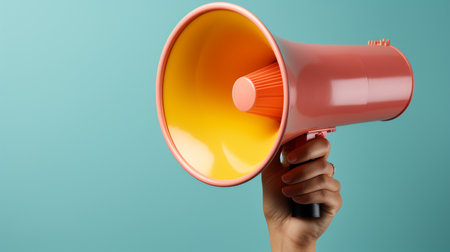 Female hand holding megaphone on blue background. 3D renderingの素材