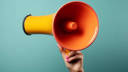Female hand holding orange megaphone on blue background, closeupの素材