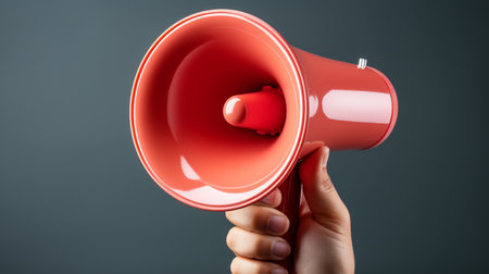 Female hand holding megaphone on grey background. 3d renderingの素材