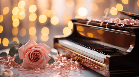 Piano and rose on a bokeh background. Romantic background.の素材
