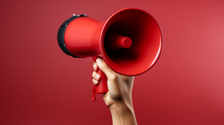 Hand holding a red megaphone on a red background with copy spaceの素材