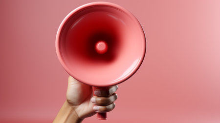 Hand holding a red megaphone on a pink background with copy spaceの素材