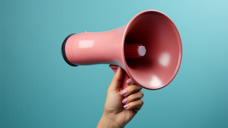Female hand holding pink megaphone on blue background, closeupの素材