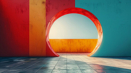 3d rendering of empty room with round window and colorful wall.の素材