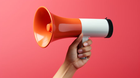 Megaphone in hand on a red background. 3d renderingの素材