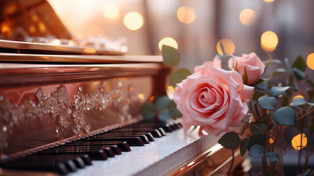 Piano keys with pink rose and eucalyptus branchesの素材
