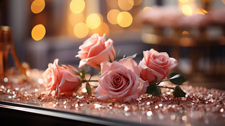 Beautiful pink roses on table in room decorated for Valentine's Dayの素材