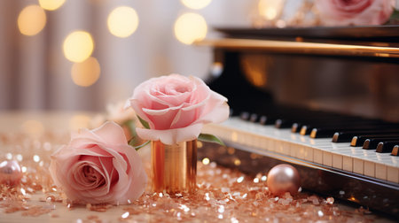 Beautiful pink roses and piano on blurred lights background, closeupの素材