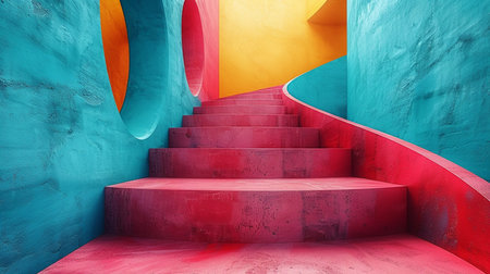 Conceptual 3D illustration of bright blue, orange and red background with stairsの素材