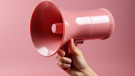 Female hand holding megaphone on pink background. 3d renderingの素材
