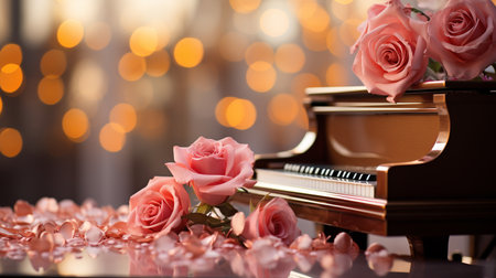 piano and pink roses on bokeh background with copy spaceの素材