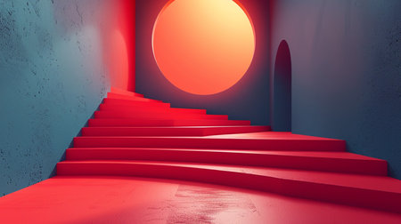 Abstract red stairs leading to the sun. 3d render illustration.の素材