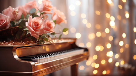 Piano with pink roses on blurred background with bokeh effectの素材