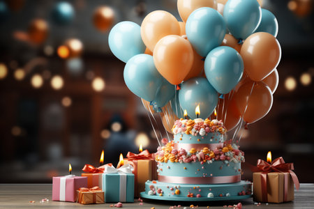 Birthday cake with balloons and gift boxes on table, closeupの素材