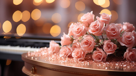Beautiful pink roses and piano on bokeh background, closeupの素材