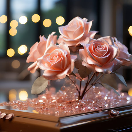 Bouquet of pink roses on the table with bokeh backgroundの素材