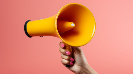 Female hand holding a yellow megaphone on a pink background.の素材