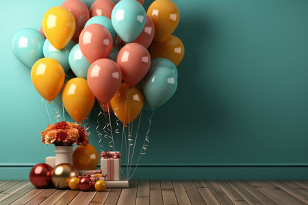 3d rendering of colorful balloons and gift box in room with green wallの素材