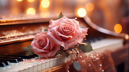 piano keys and pink roses on bokeh background, close upの素材