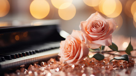 Beautiful roses and piano on bokeh background, closeupの素材