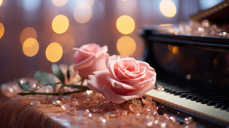 piano with pink rose and bokeh lights in the backgroundの素材