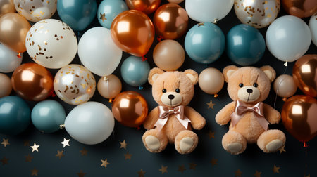 Cute teddy bear and balloons on dark background, 3d renderingの素材